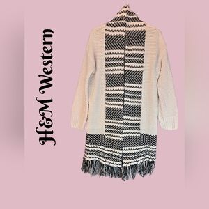 H&M Western Cardigan Ivory Pink Hue & Black Womens Sz S Open Front Fringe Hem